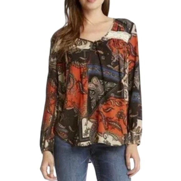Karen Kane Brown Orange Blue Paisley Print Lace Trim Boho Blouse - Medium - Picture 1 of 5